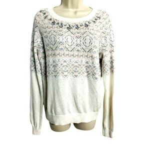 Hollister Cotton Beige-Gray Y2K Silver Metallic Rhinestones Round Neck Sweater M